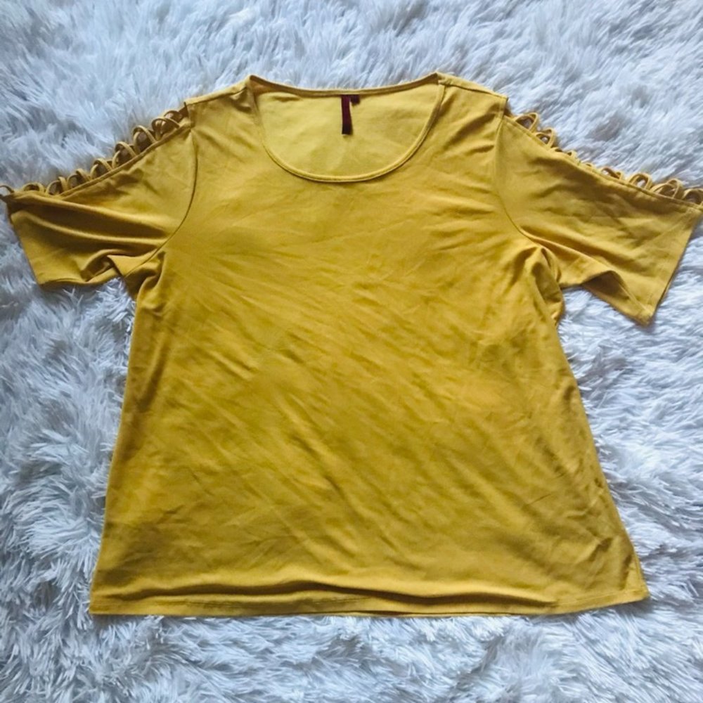 Yellow Flowy Top wioth Cross String Sleeve Design
